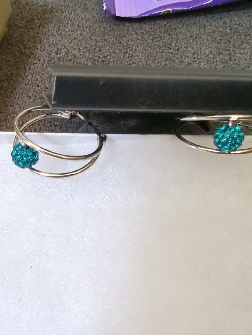 Fine Silver Plated Hoop Earrings with Teal Crystal Accent - Picture 4 of 5